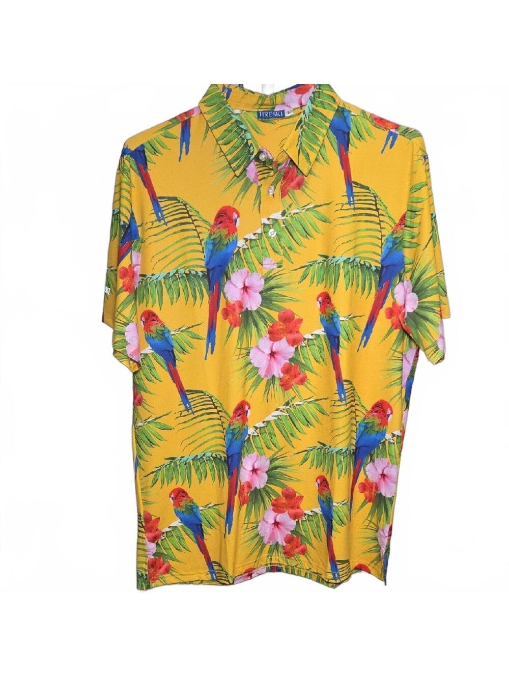 HRESKI | Tropical Yellow Parrot Print Golf Shirt | L